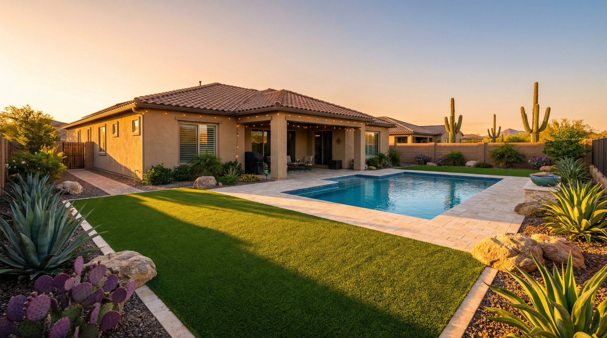 Pristine clean artificial turf in Las Vegas backyard